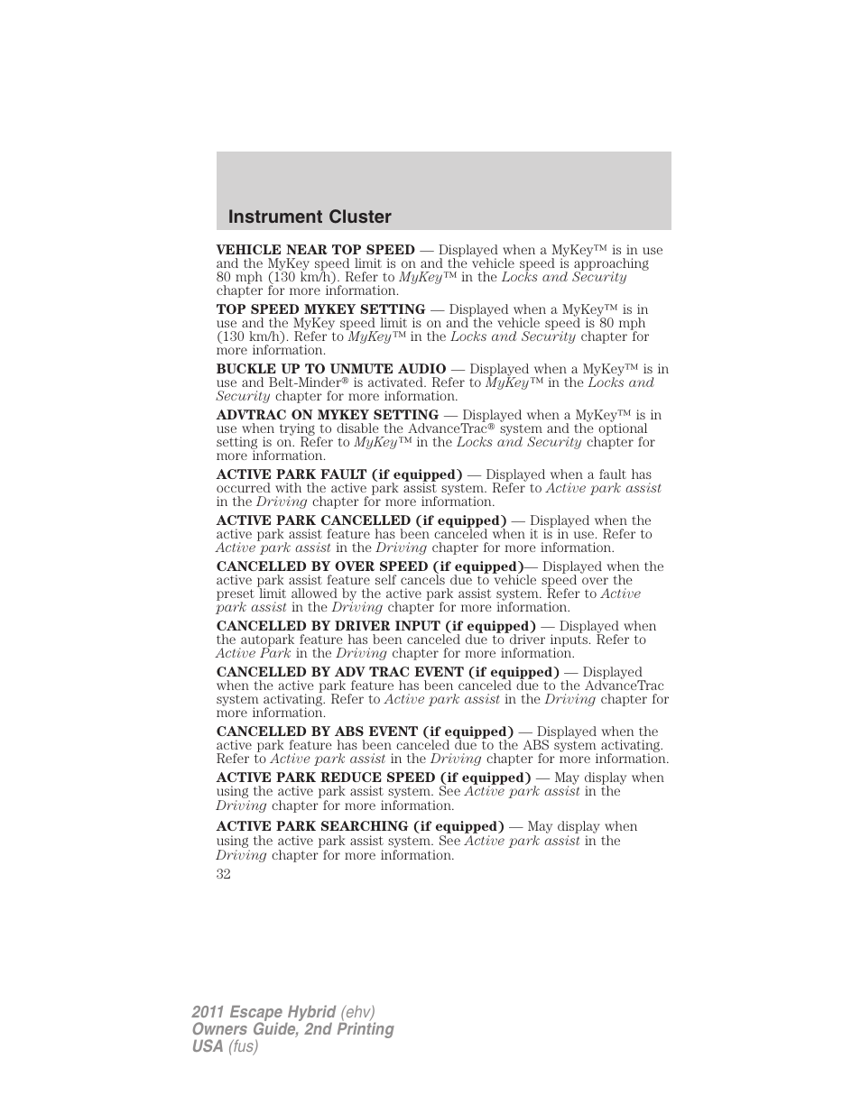 Instrument cluster | FORD 2011 Escape Hybrid v.2 User Manual | Page 32 / 363