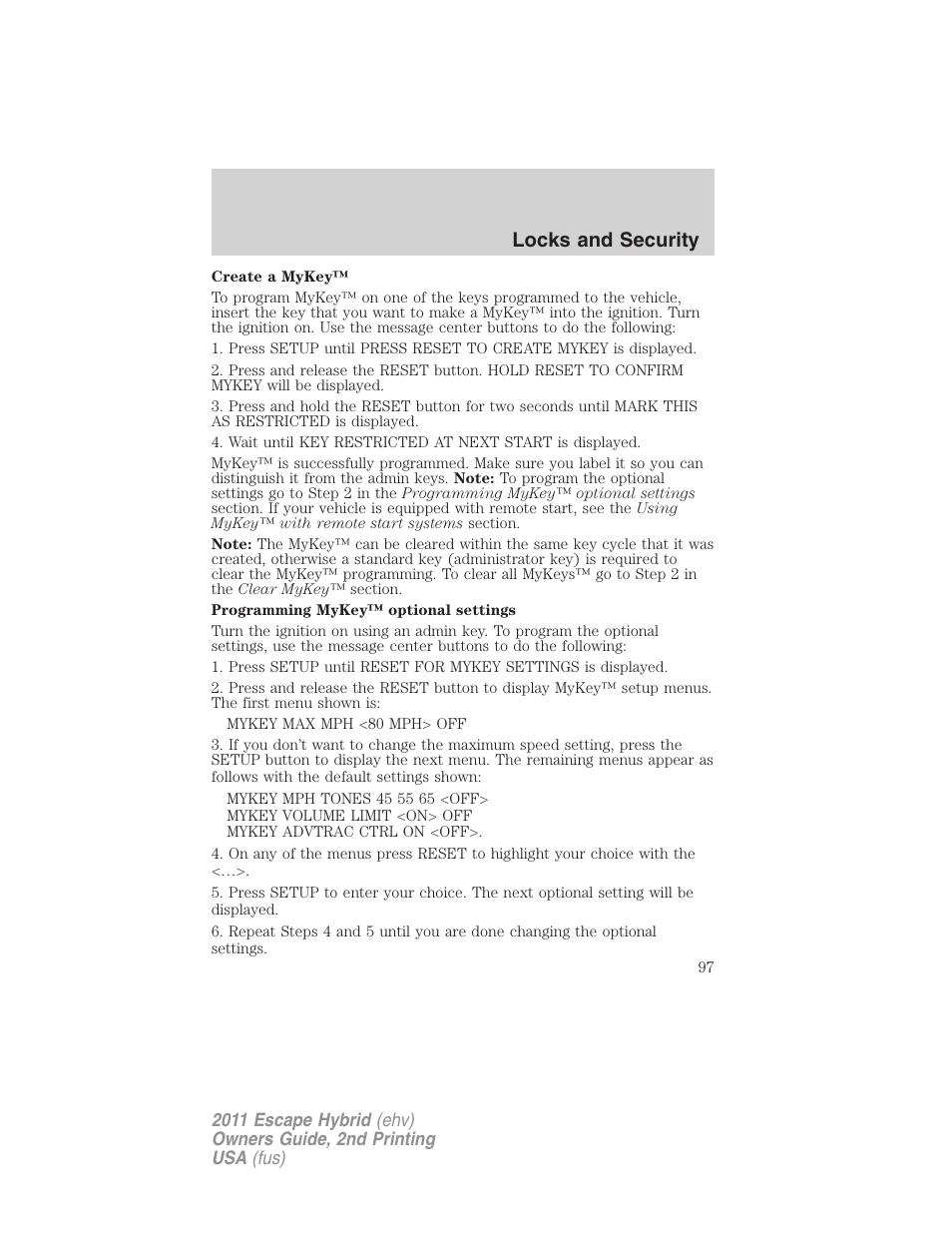 Locks and security | FORD 2011 Escape Hybrid v.2 User Manual | Page 97 / 363