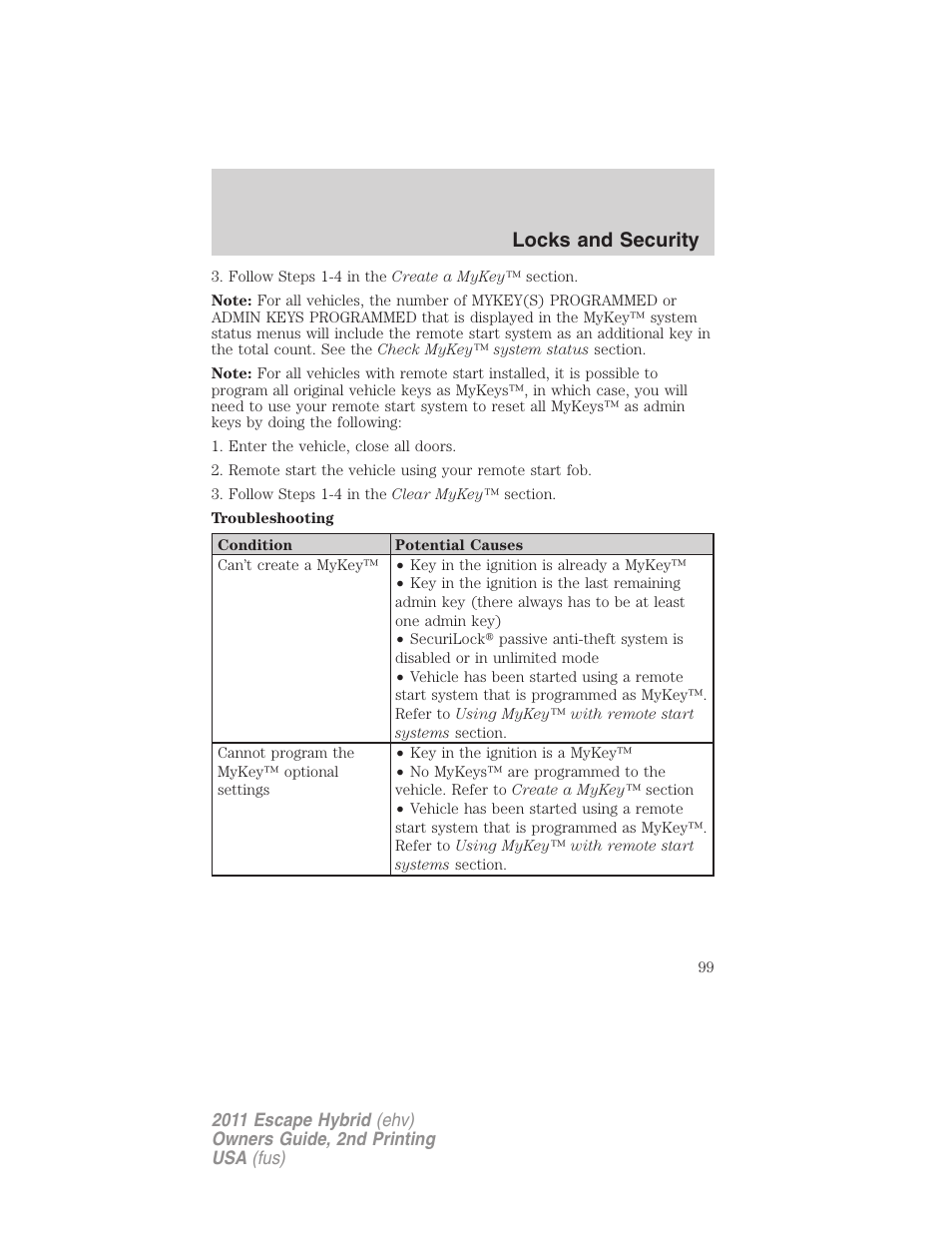 Locks and security | FORD 2011 Escape Hybrid v.2 User Manual | Page 99 / 363