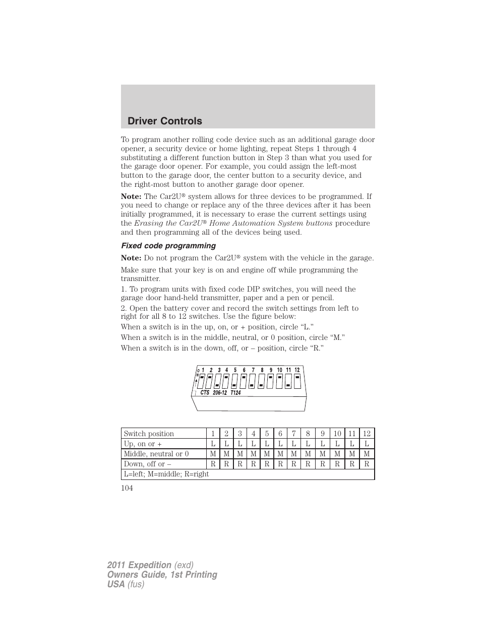 Fixed code programming, Driver controls | FORD 2011 Expedition User Manual | Page 104 / 395