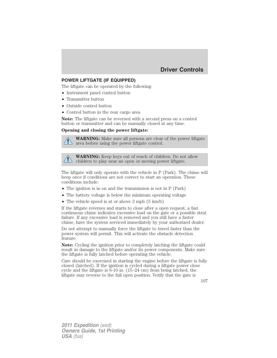 Power liftgate (if equipped), Driver controls | FORD 2011 Expedition User Manual | Page 107 / 395