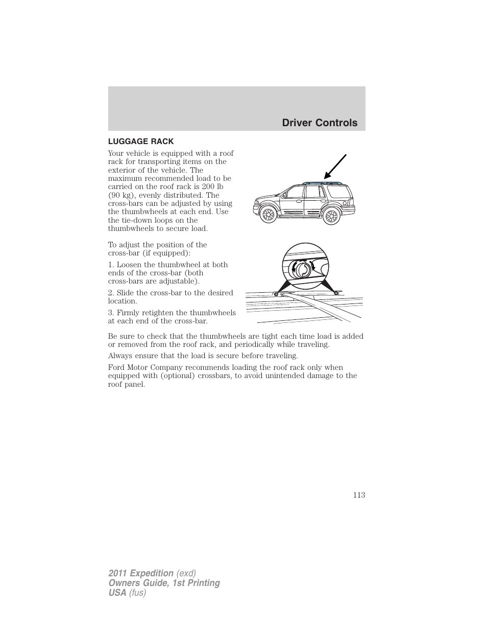 Luggage rack, Driver controls | FORD 2011 Expedition User Manual | Page 113 / 395