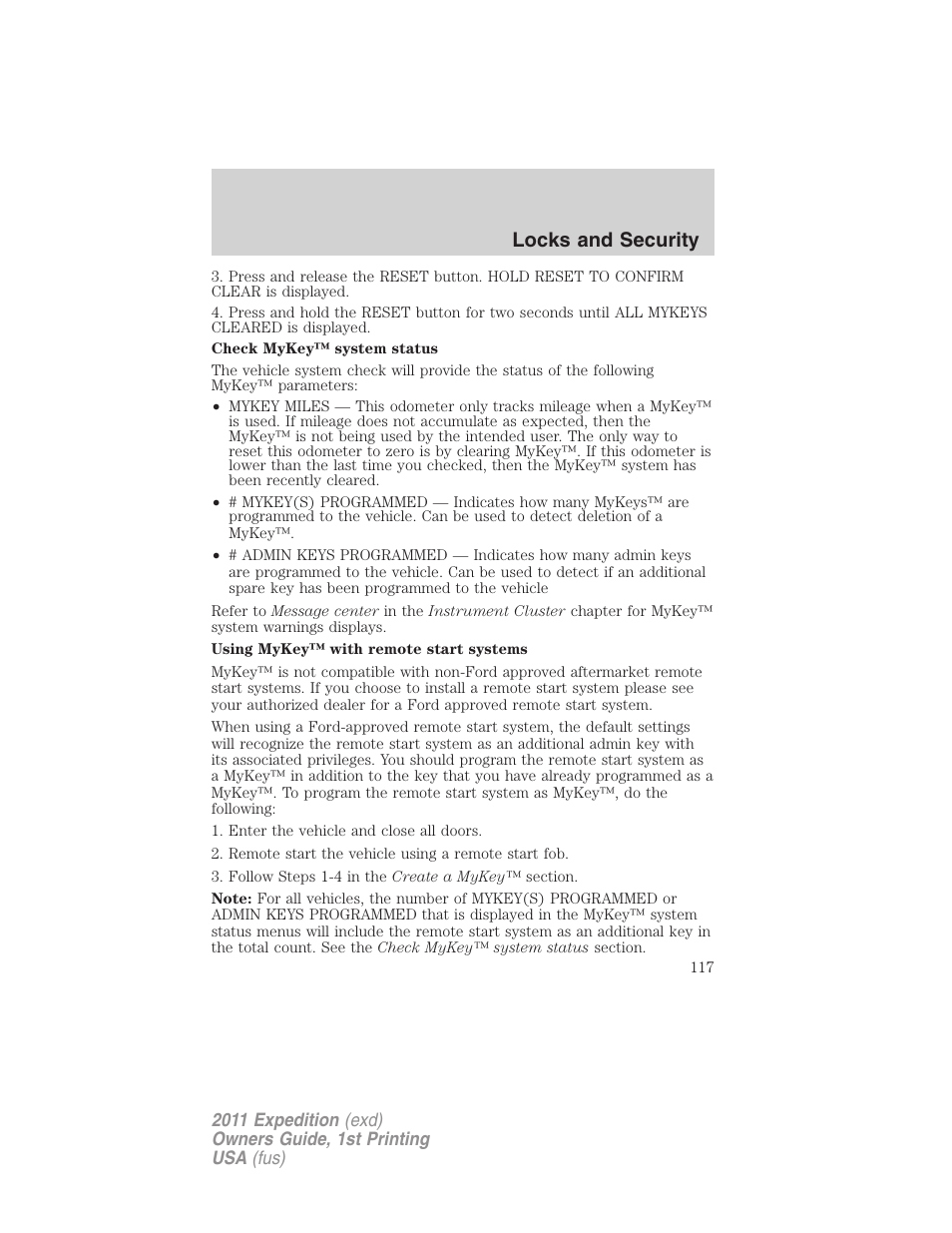 Locks and security | FORD 2011 Expedition User Manual | Page 117 / 395