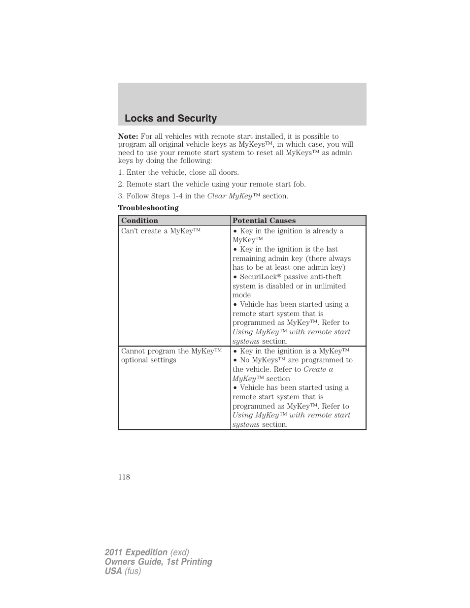 Locks and security | FORD 2011 Expedition User Manual | Page 118 / 395