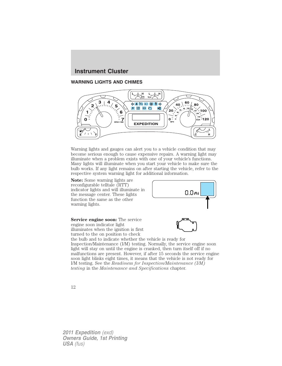 Instrument cluster, Warning lights and chimes | FORD 2011 Expedition User Manual | Page 12 / 395