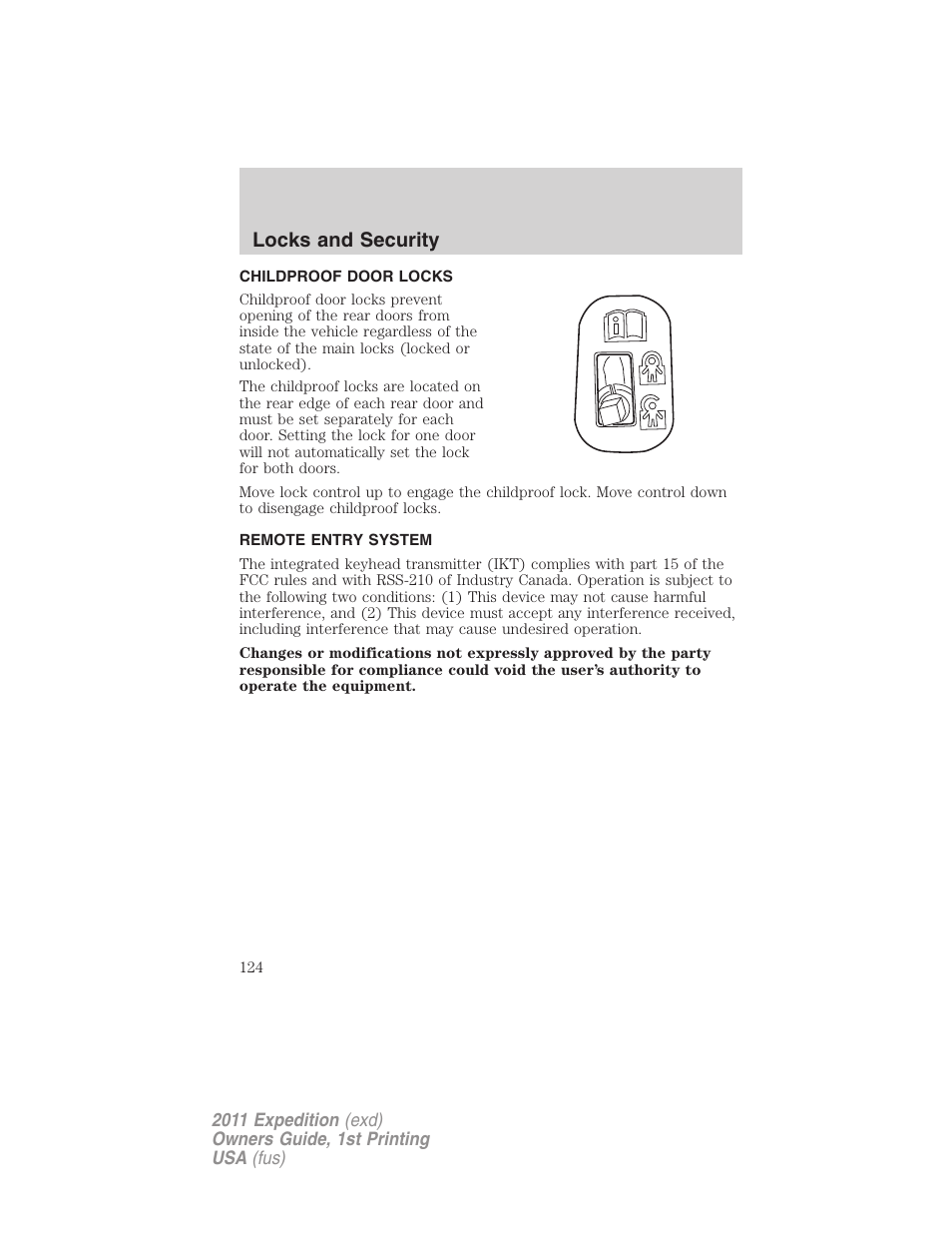 Childproof door locks, Remote entry system, Locks and security | FORD 2011 Expedition User Manual | Page 124 / 395