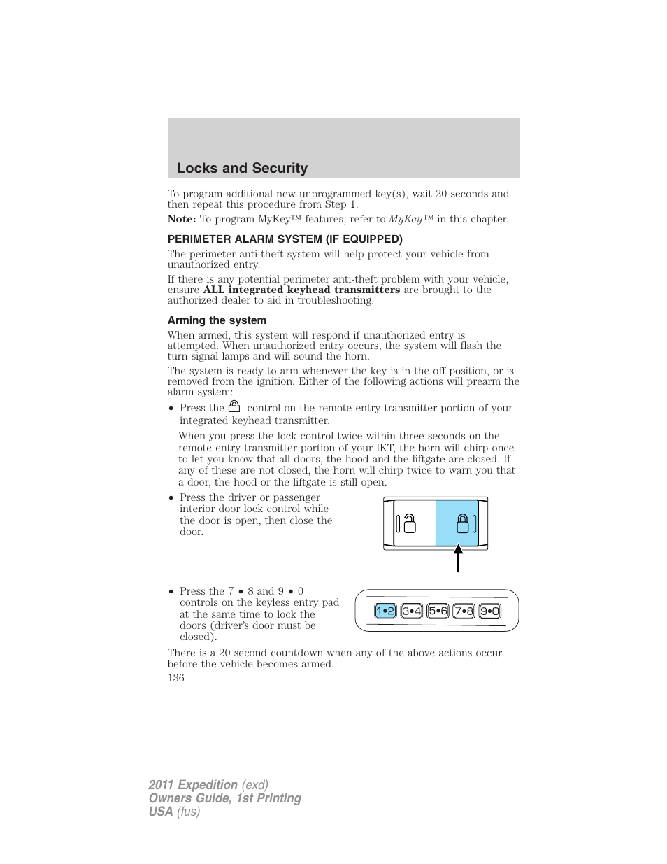 Perimeter alarm system (if equipped), Arming the system, Locks and security | FORD 2011 Expedition User Manual | Page 136 / 395