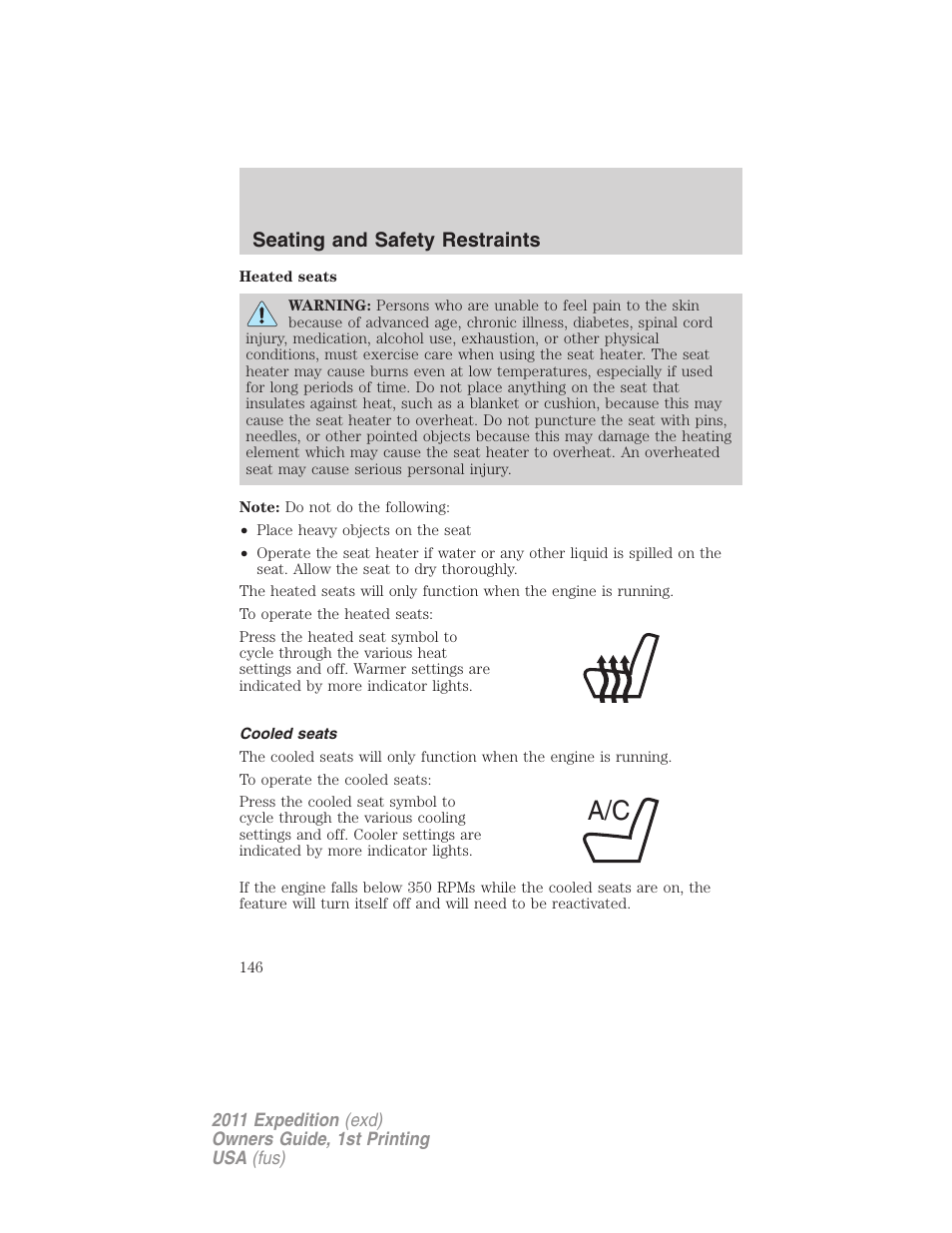 Cooled seats, Seating and safety restraints | FORD 2011 Expedition User Manual | Page 146 / 395