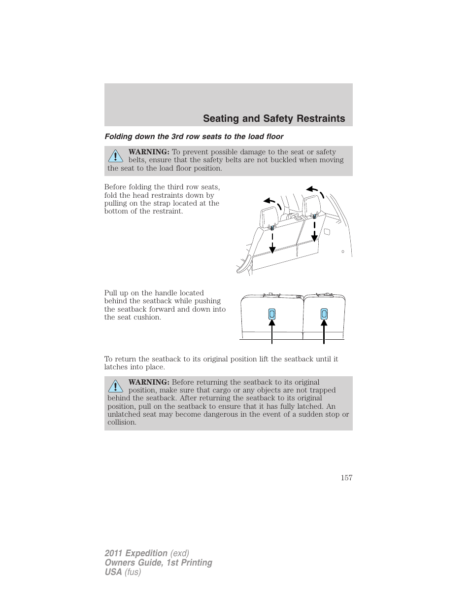 Folding down the 3rd row seats to the load floor, Seating and safety restraints | FORD 2011 Expedition User Manual | Page 157 / 395