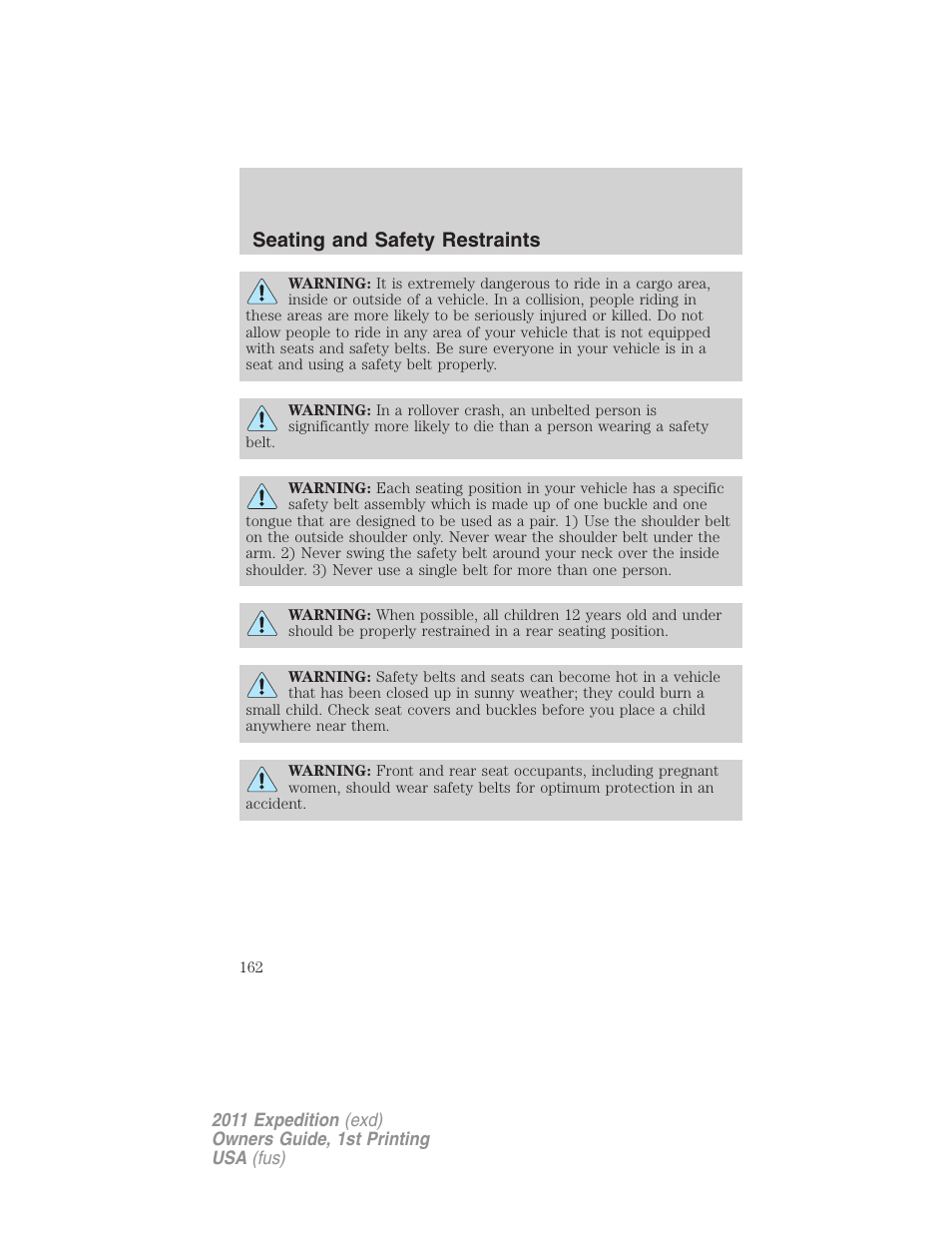 Seating and safety restraints | FORD 2011 Expedition User Manual | Page 162 / 395