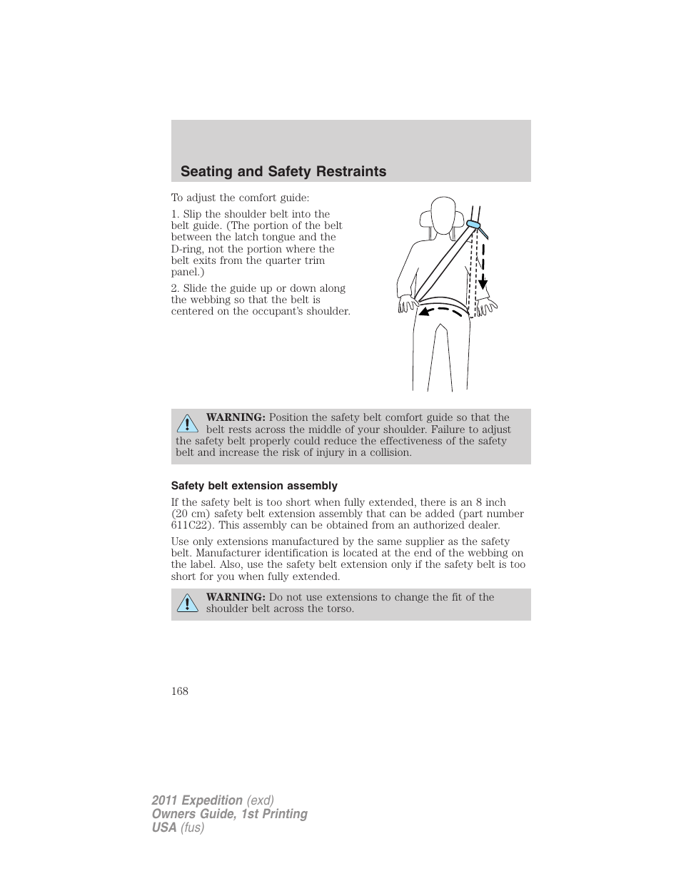 Safety belt extension assembly, Seating and safety restraints | FORD 2011 Expedition User Manual | Page 168 / 395