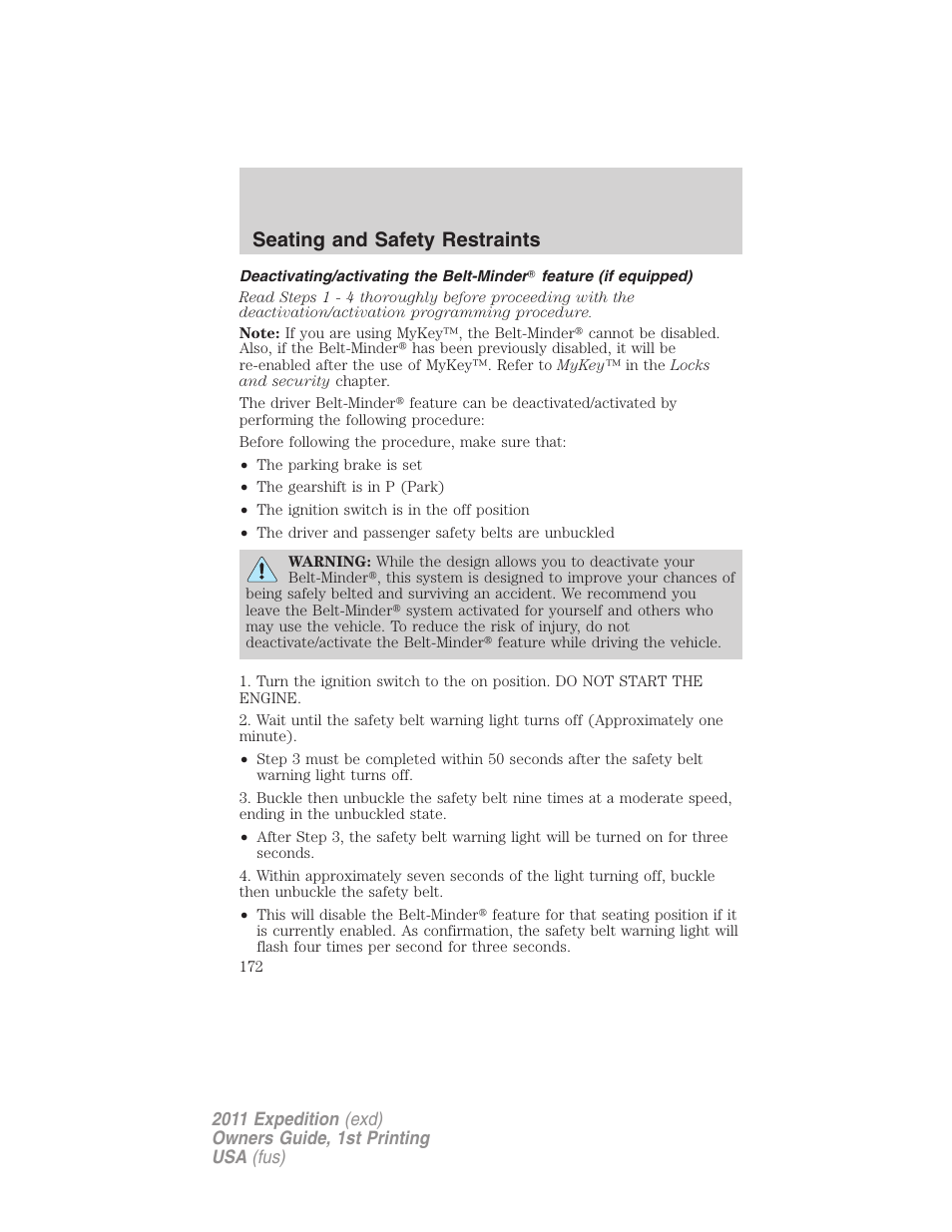 Seating and safety restraints | FORD 2011 Expedition User Manual | Page 172 / 395