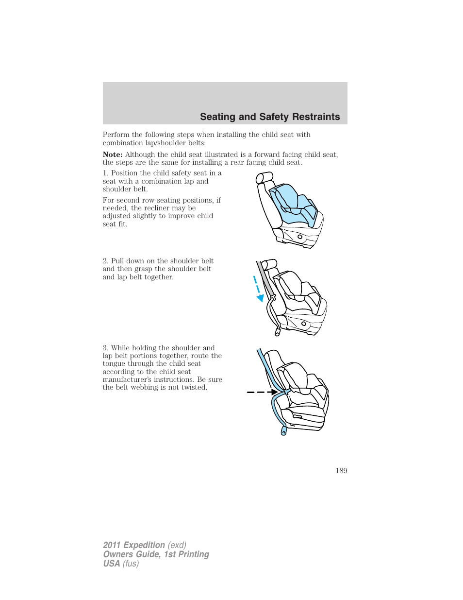 Seating and safety restraints | FORD 2011 Expedition User Manual | Page 189 / 395