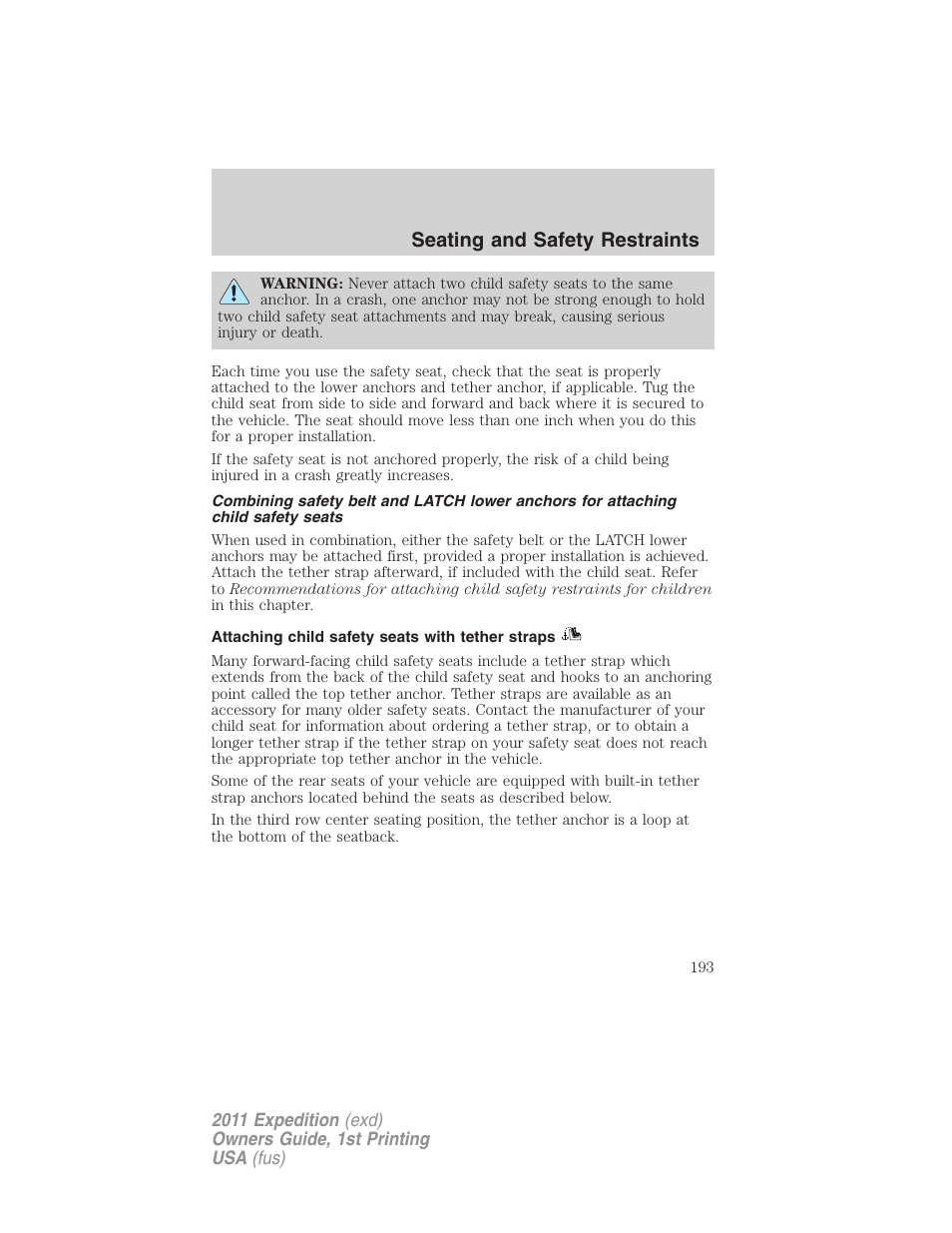 Attaching child safety seats with tether straps, Seating and safety restraints | FORD 2011 Expedition User Manual | Page 193 / 395