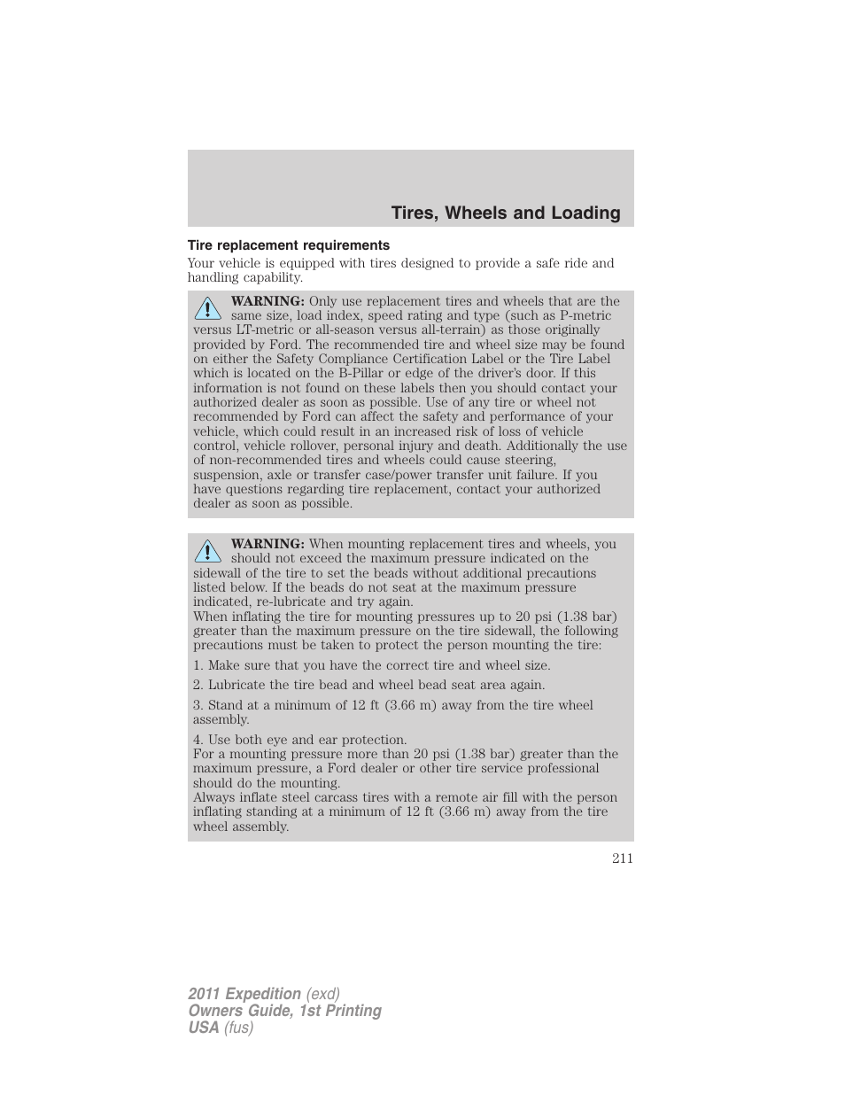 Tire replacement requirements, Tires, wheels and loading | FORD 2011 Expedition User Manual | Page 211 / 395