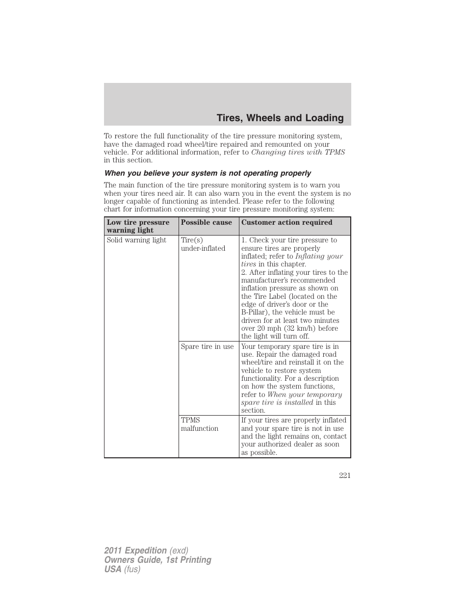 Tires, wheels and loading | FORD 2011 Expedition User Manual | Page 221 / 395