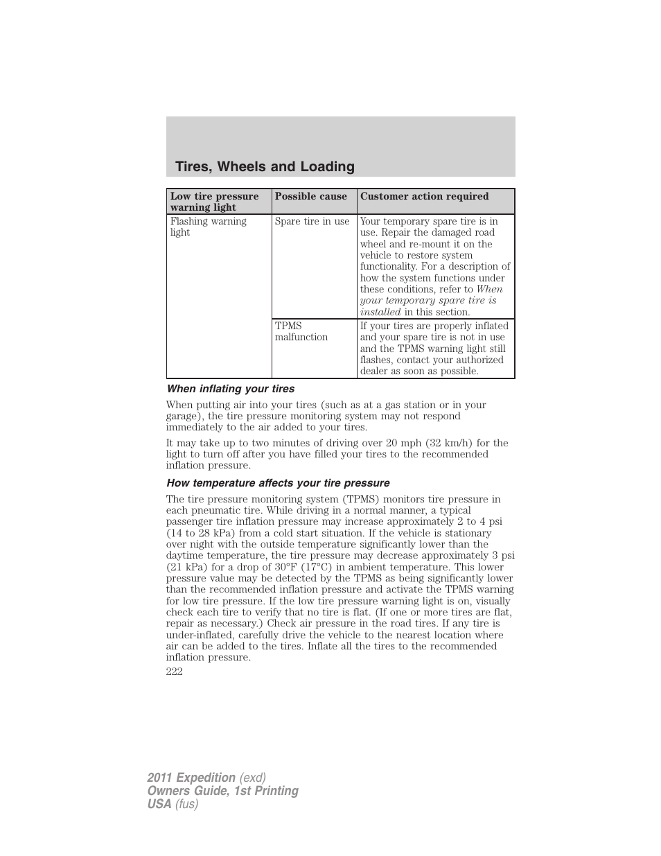 When inflating your tires, How temperature affects your tire pressure, Tires, wheels and loading | FORD 2011 Expedition User Manual | Page 222 / 395