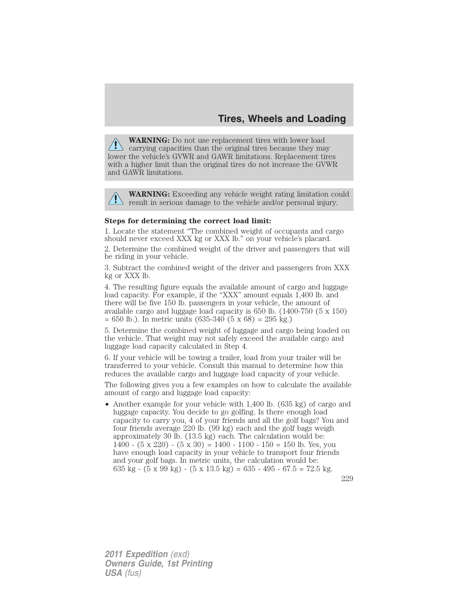 Tires, wheels and loading | FORD 2011 Expedition User Manual | Page 229 / 395