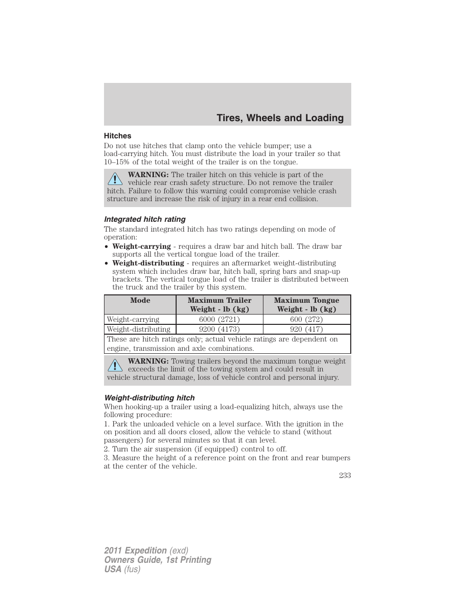 Hitches, Integrated hitch rating, Weight-distributing hitch | Tires, wheels and loading | FORD 2011 Expedition User Manual | Page 233 / 395