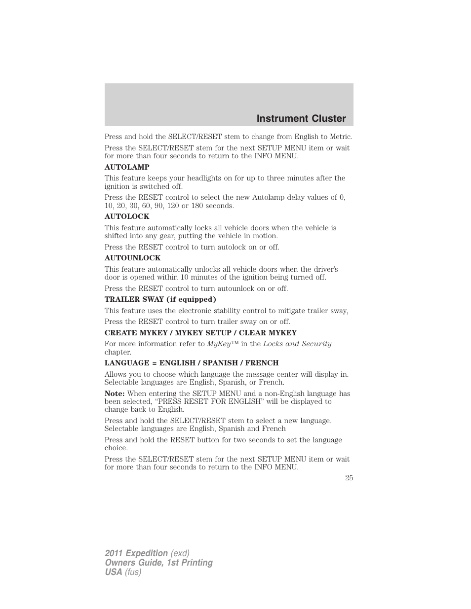 Instrument cluster | FORD 2011 Expedition User Manual | Page 25 / 395