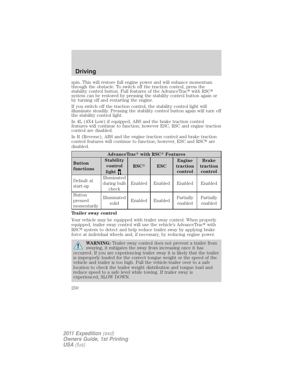 Driving | FORD 2011 Expedition User Manual | Page 250 / 395