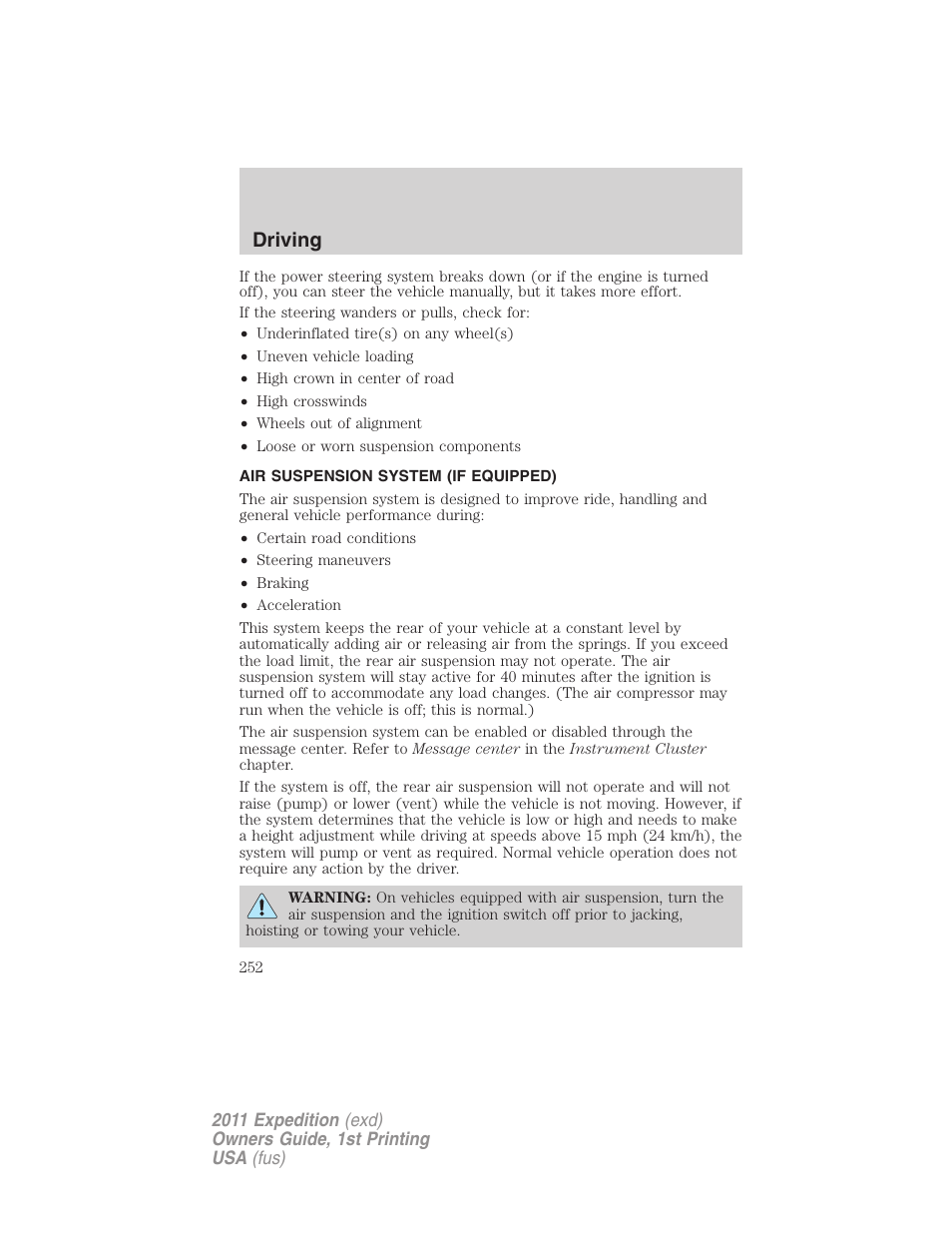 Air suspension system (if equipped), Air suspension, Driving | FORD 2011 Expedition User Manual | Page 252 / 395