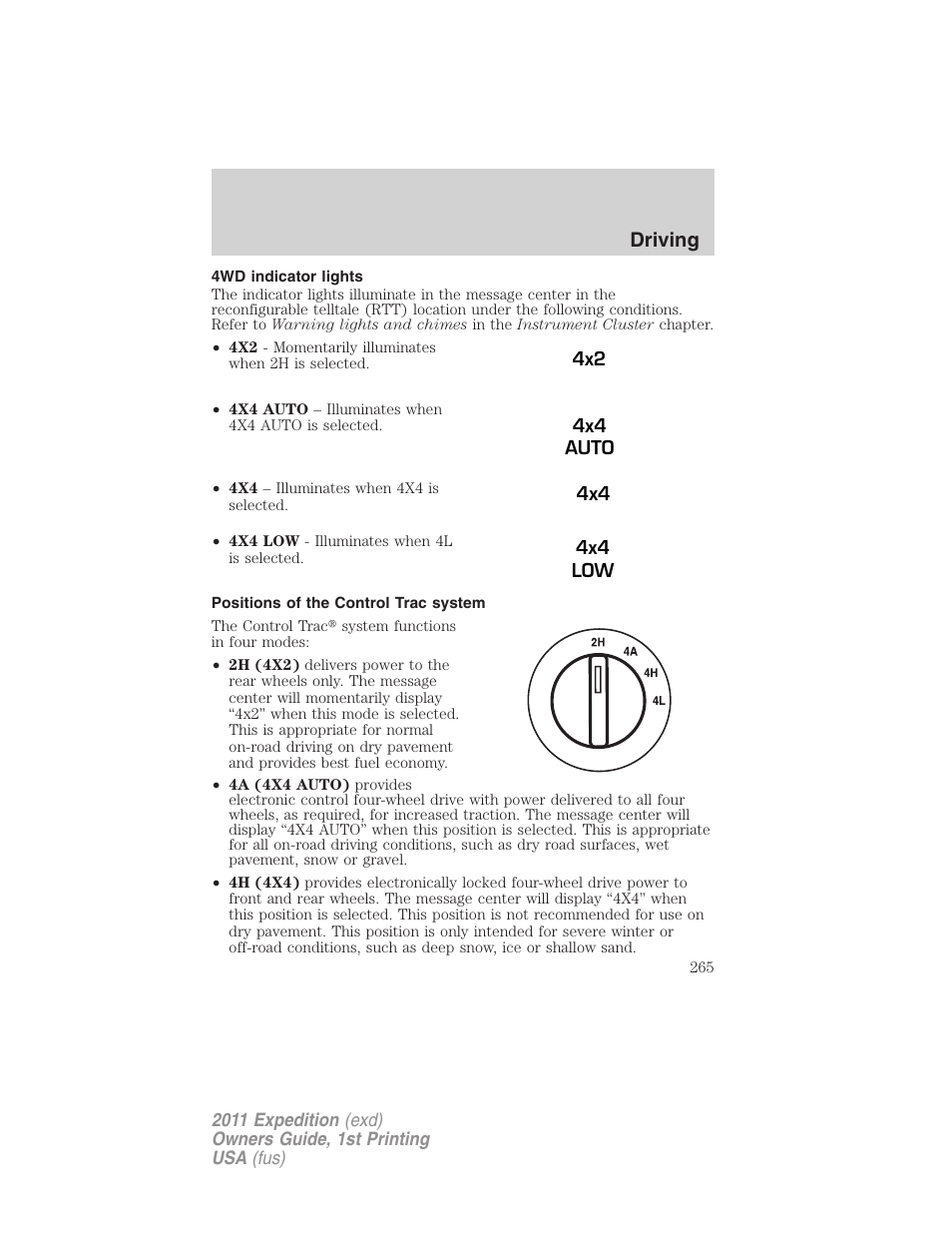 4wd indicator lights, Positions of the control trac system, Driving | FORD 2011 Expedition User Manual | Page 265 / 395