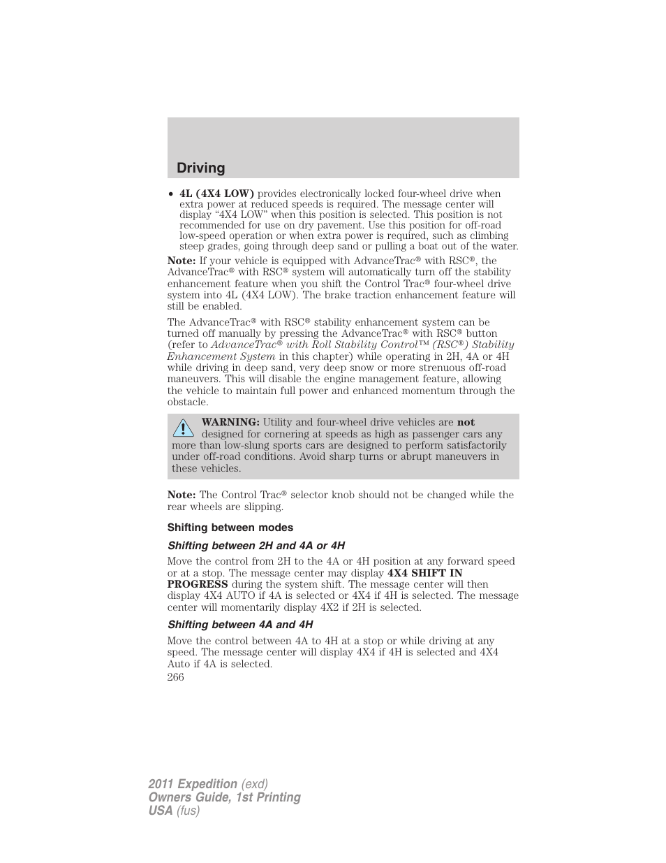 Shifting between modes, Shifting between 2h and 4a or 4h, Shifting between 4a and 4h | Driving | FORD 2011 Expedition User Manual | Page 266 / 395