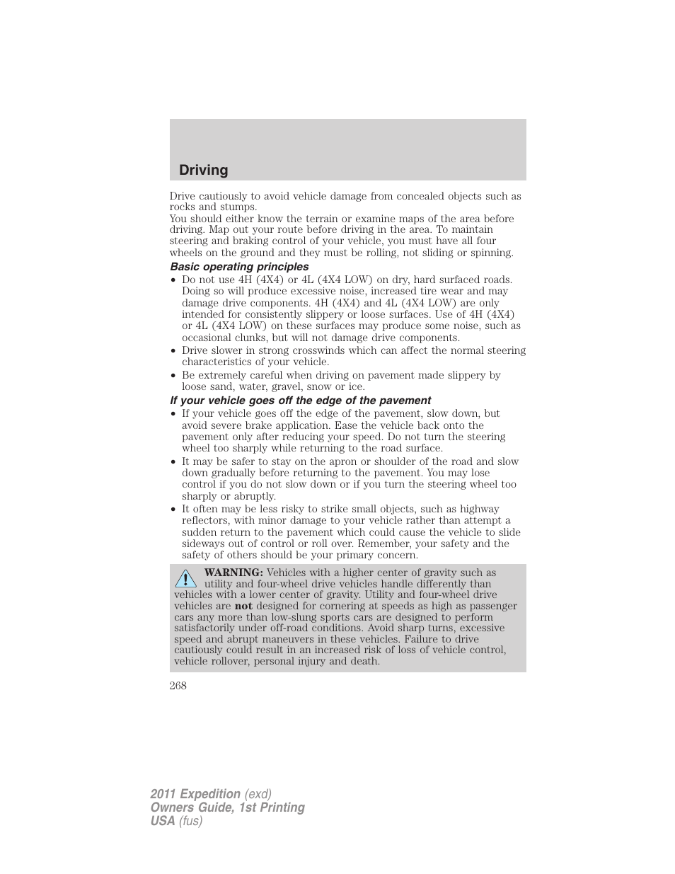 Basic operating principles, If your vehicle goes off the edge of the pavement, Driving | FORD 2011 Expedition User Manual | Page 268 / 395