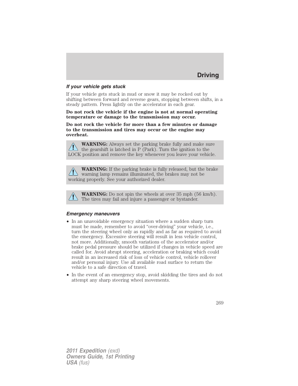 If your vehicle gets stuck, Emergency maneuvers, Driving | FORD 2011 Expedition User Manual | Page 269 / 395