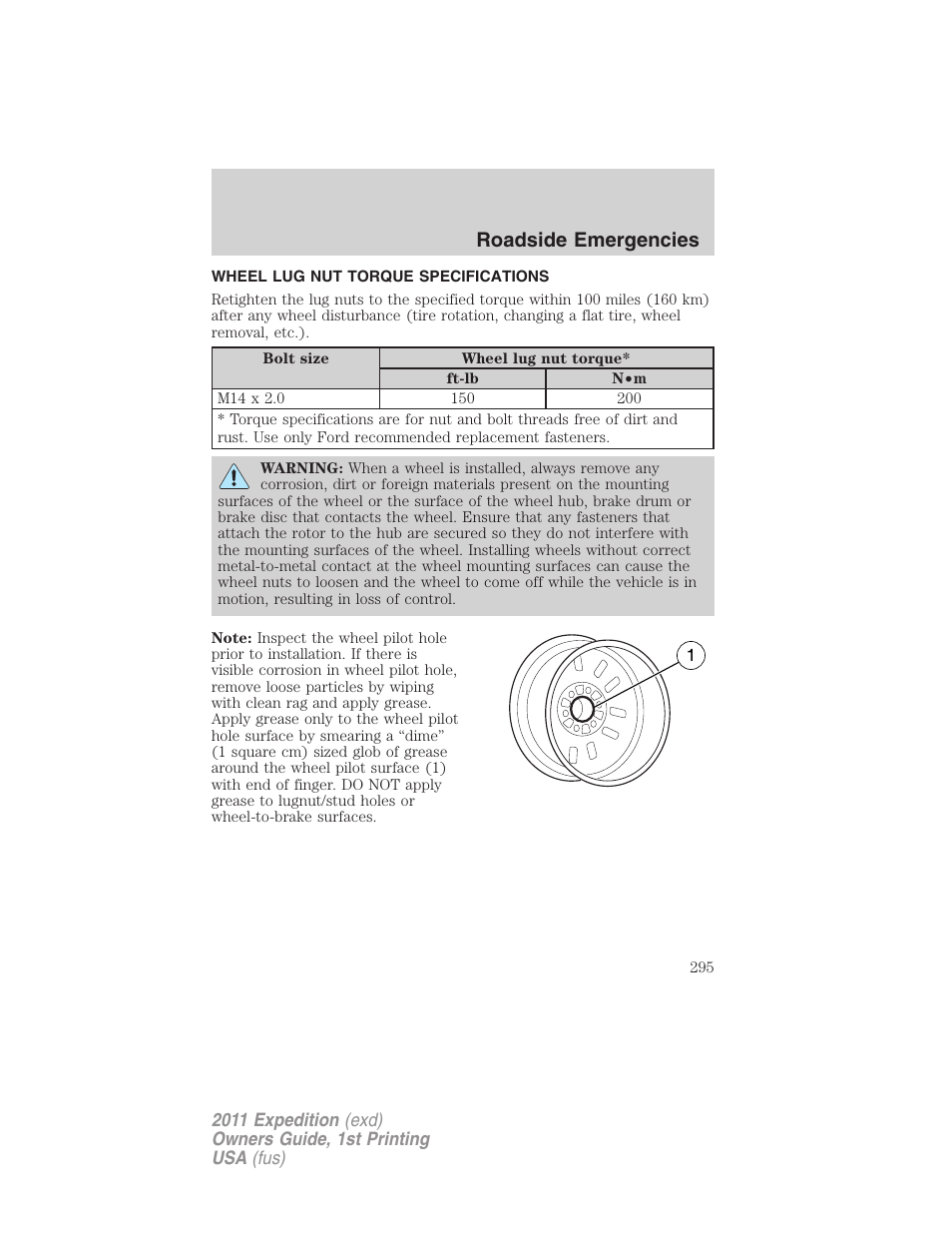 Wheel lug nut torque specifications, Wheel lug nut torque, Roadside emergencies | FORD 2011 Expedition User Manual | Page 295 / 395