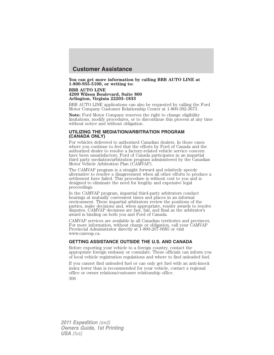 Getting assistance outside the u.s. and canada, Customer assistance | FORD 2011 Expedition User Manual | Page 306 / 395