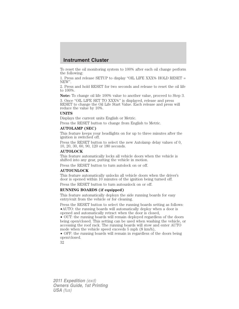 Instrument cluster | FORD 2011 Expedition User Manual | Page 32 / 395