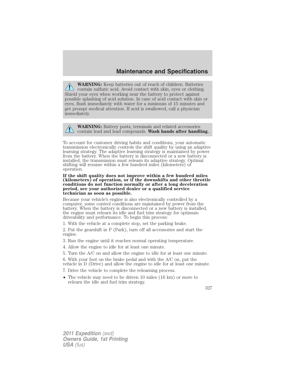 Maintenance and specifications | FORD 2011 Expedition User Manual | Page 327 / 395