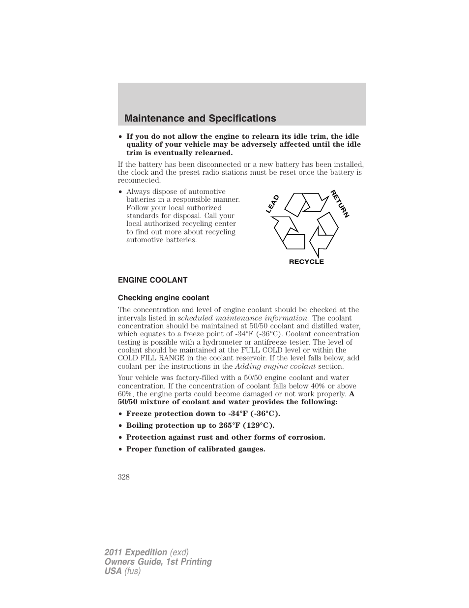 Engine coolant, Checking engine coolant, Maintenance and specifications | FORD 2011 Expedition User Manual | Page 328 / 395