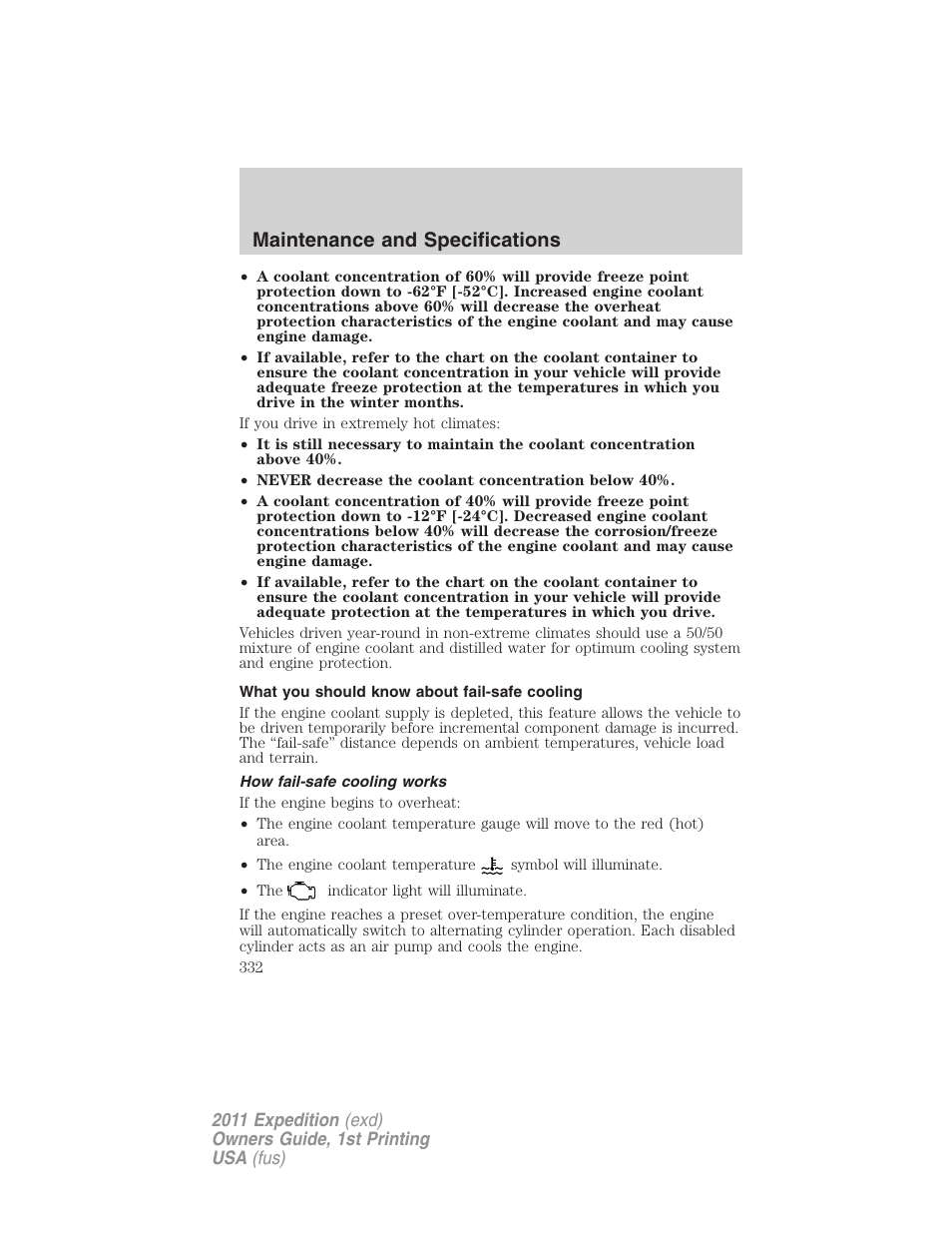 What you should know about fail-safe cooling, How fail-safe cooling works, Maintenance and specifications | FORD 2011 Expedition User Manual | Page 332 / 395