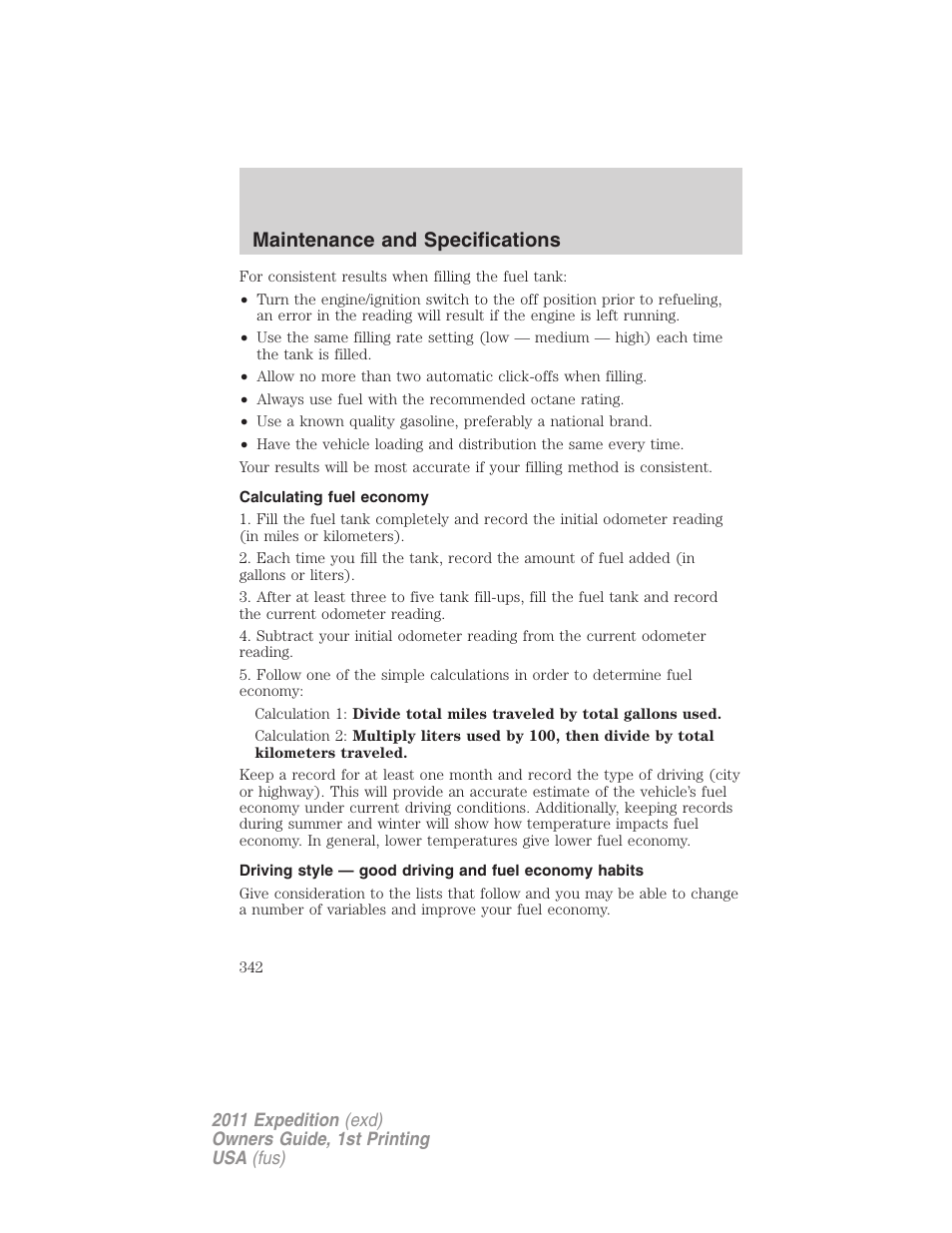 Calculating fuel economy, Maintenance and specifications | FORD 2011 Expedition User Manual | Page 342 / 395