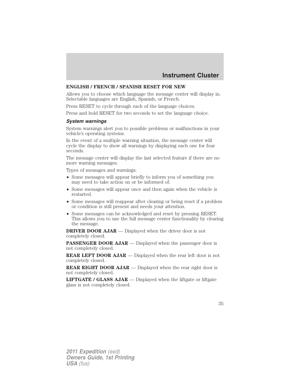 System warnings, Instrument cluster | FORD 2011 Expedition User Manual | Page 35 / 395