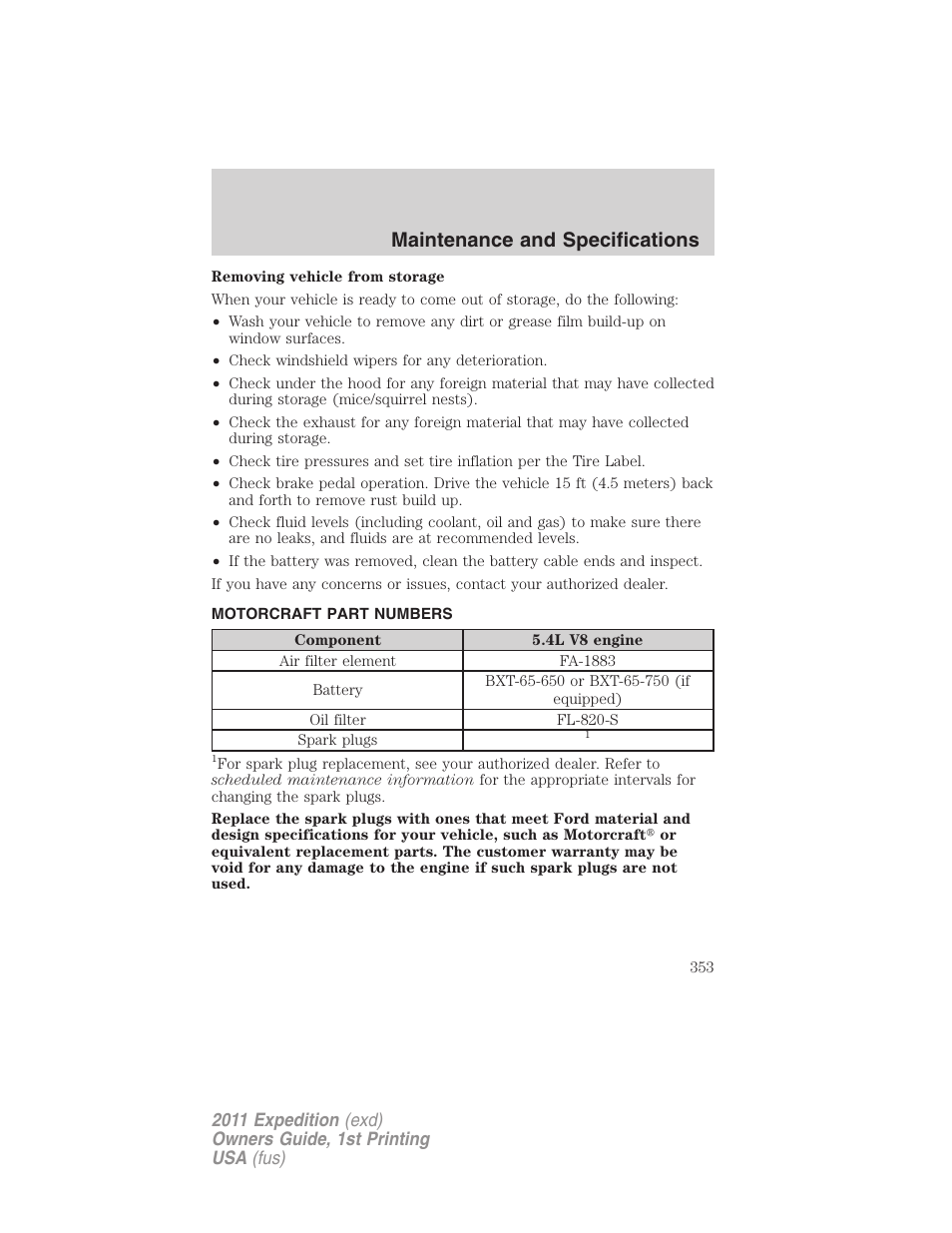 Motorcraft part numbers, Part numbers, Maintenance and specifications | FORD 2011 Expedition User Manual | Page 353 / 395