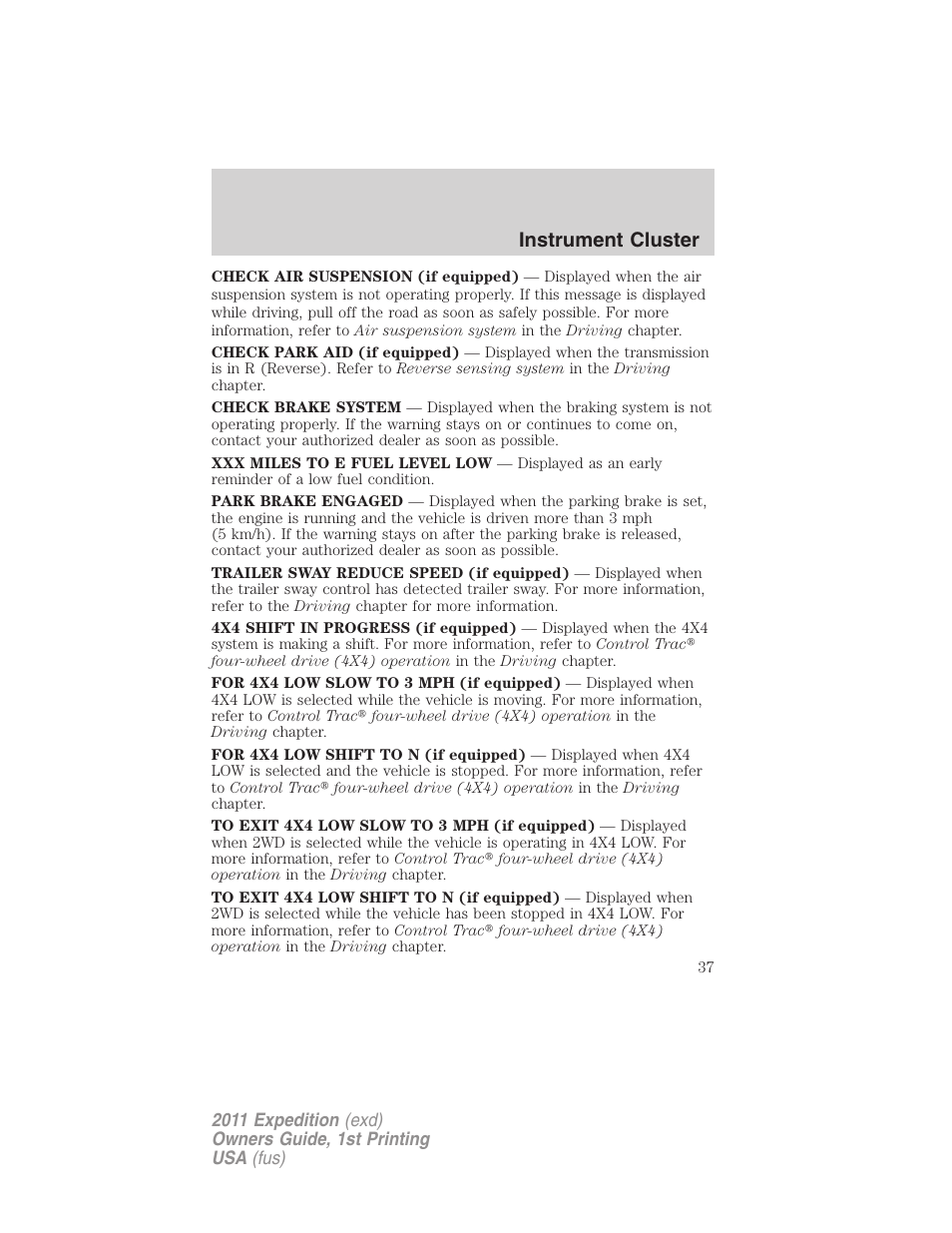 Instrument cluster | FORD 2011 Expedition User Manual | Page 37 / 395