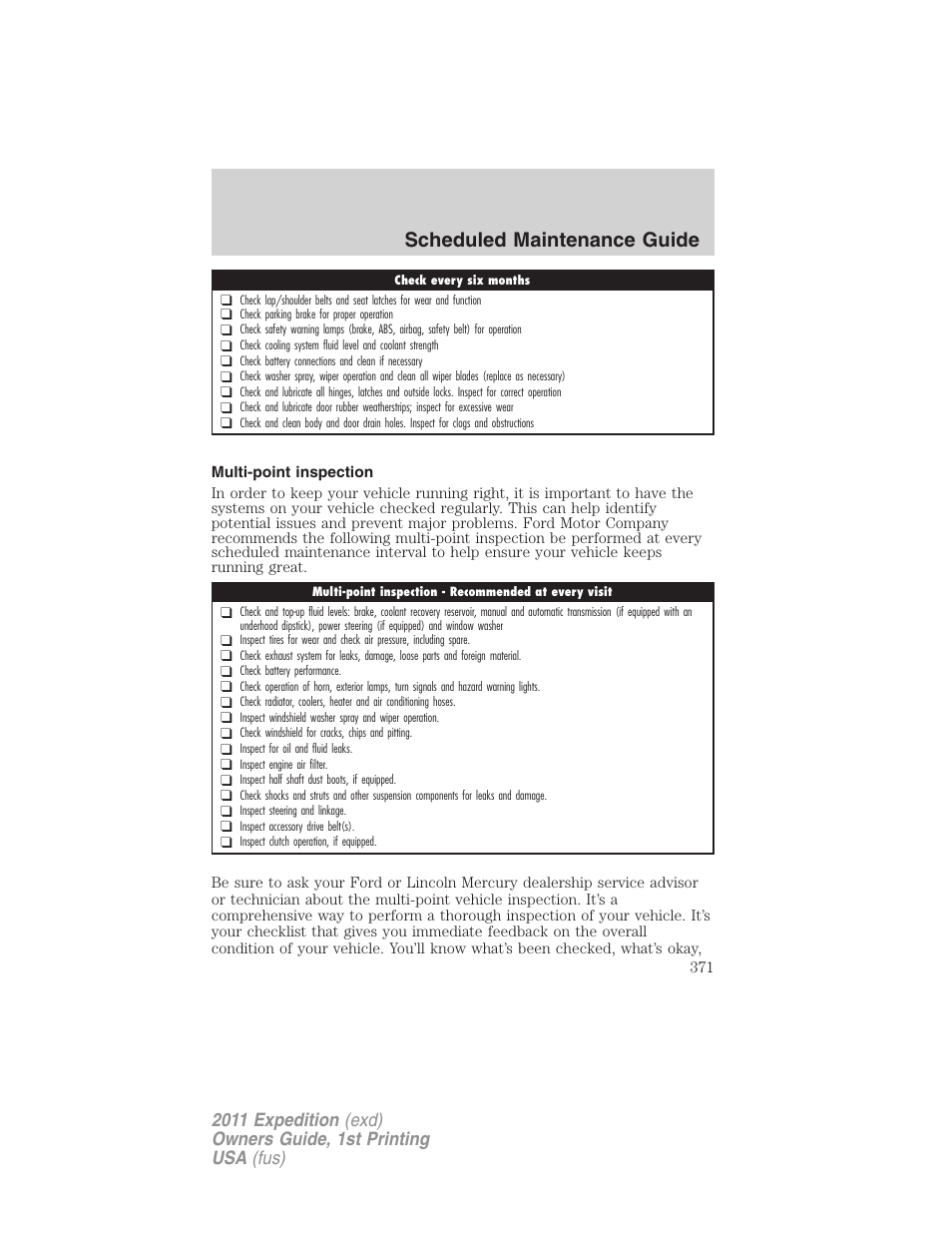 Multi-point inspection, Scheduled maintenance guide | FORD 2011 Expedition User Manual | Page 371 / 395