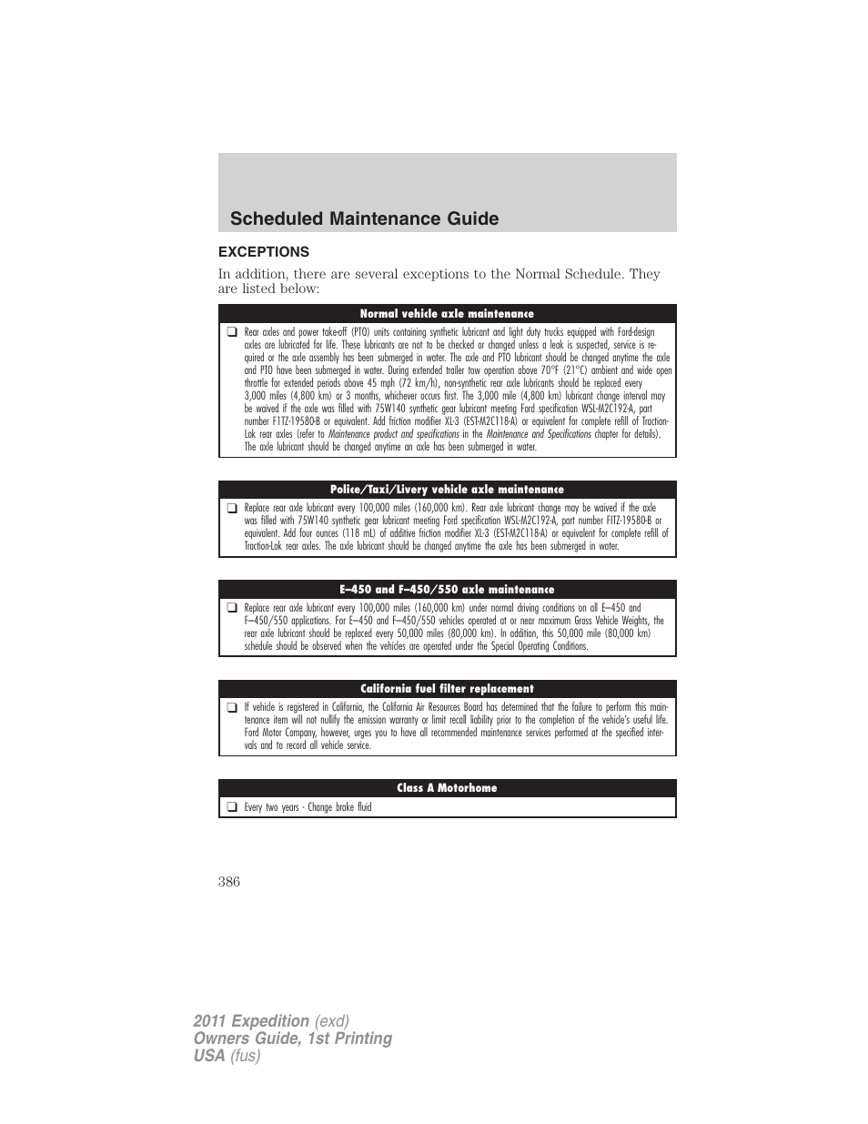 Exceptions, Scheduled maintenance guide | FORD 2011 Expedition User Manual | Page 386 / 395