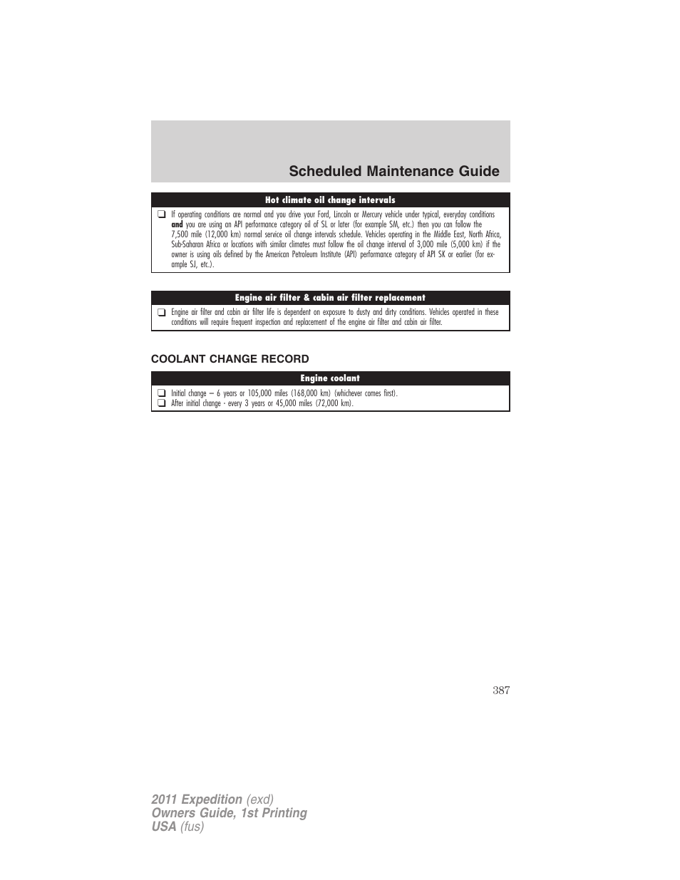 Coolant change record, Scheduled maintenance guide | FORD 2011 Expedition User Manual | Page 387 / 395