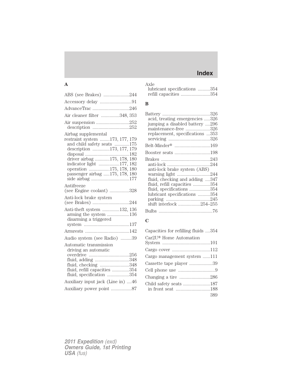 Index | FORD 2011 Expedition User Manual | Page 389 / 395