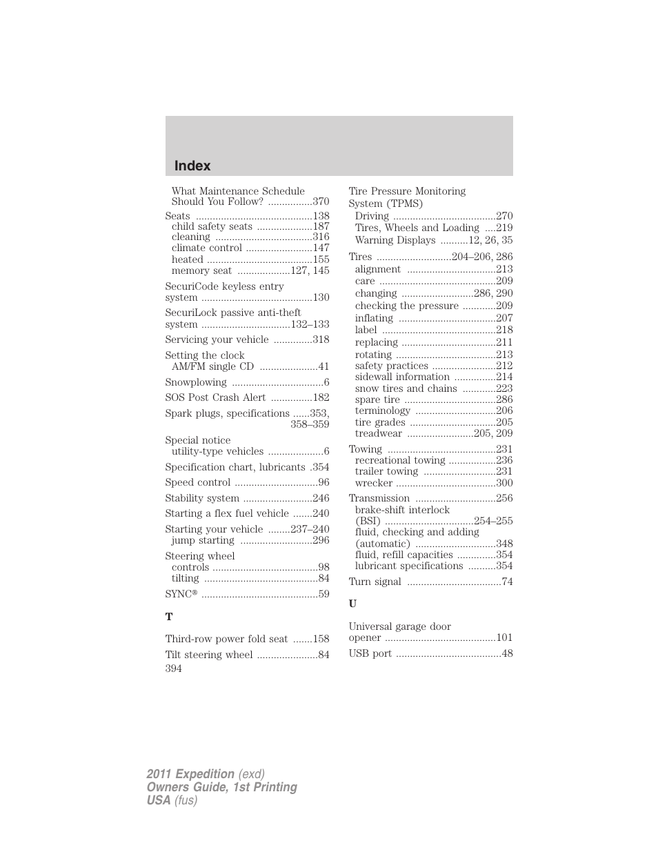 Index | FORD 2011 Expedition User Manual | Page 394 / 395