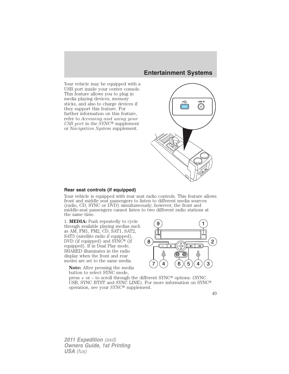 Rear seat controls (if equipped), Rear seat controls, Entertainment systems | FORD 2011 Expedition User Manual | Page 49 / 395