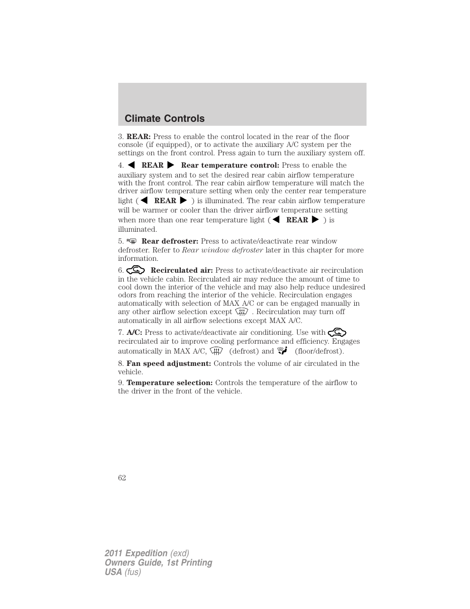 Climate controls | FORD 2011 Expedition User Manual | Page 62 / 395