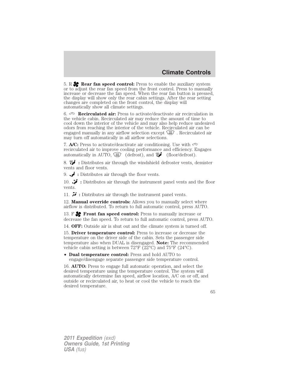 Climate controls | FORD 2011 Expedition User Manual | Page 65 / 395