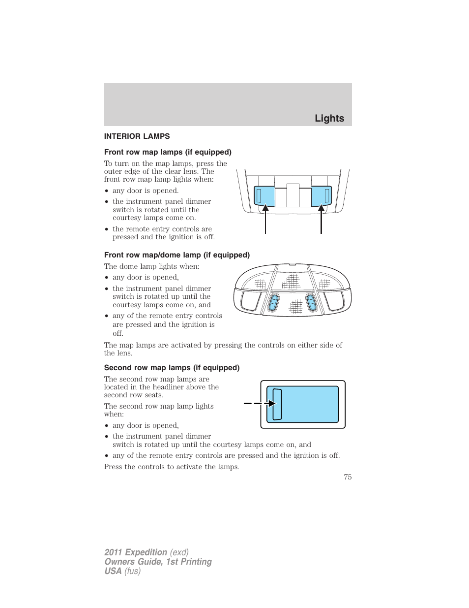 Interior lamps, Front row map lamps (if equipped), Front row map/dome lamp (if equipped) | Second row map lamps (if equipped), Lights | FORD 2011 Expedition User Manual | Page 75 / 395