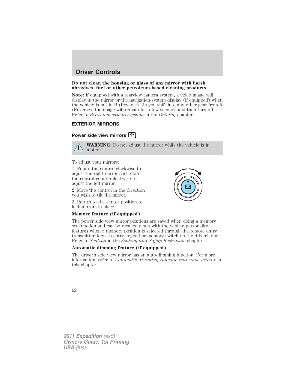 Exterior mirrors, Power side view mirrors, Driver controls | FORD 2011 Expedition User Manual | Page 92 / 395